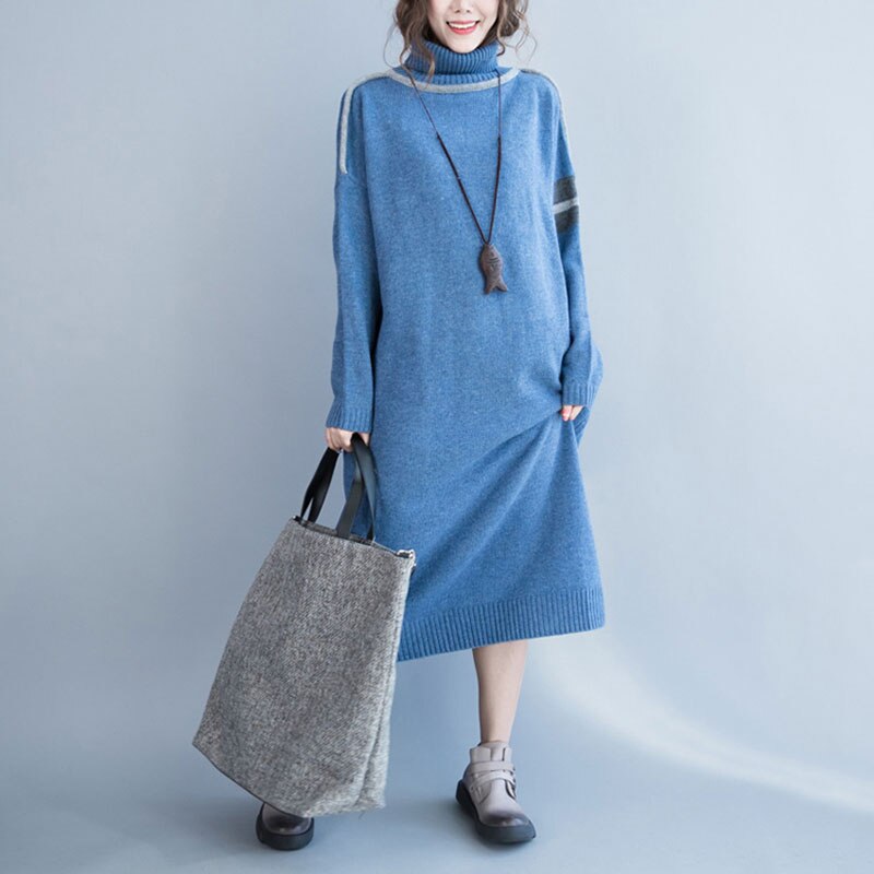 Vestido de talla grande para mujer, de algodón, liso, jerséis, informal, de cuello alto, tejido a la , azul, cálido, para invierno