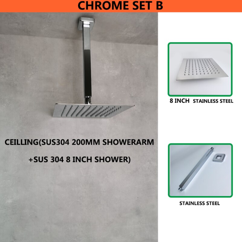 Shine Chrome Square Concealed In Wall Head Shower Set System with Ultra thin 8 inch 304 Stainless Steel or ABS Top Shower: SS Ceiling Set