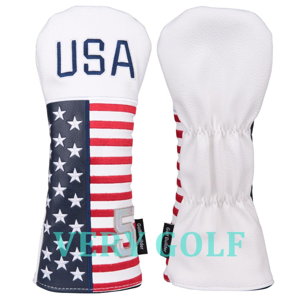 White PU Leather with USA Stars & Strips Embroidery Golf Club Driver Fairway Wood Hybrid Head Cover Golf #1 #3 #5 UT Headcover