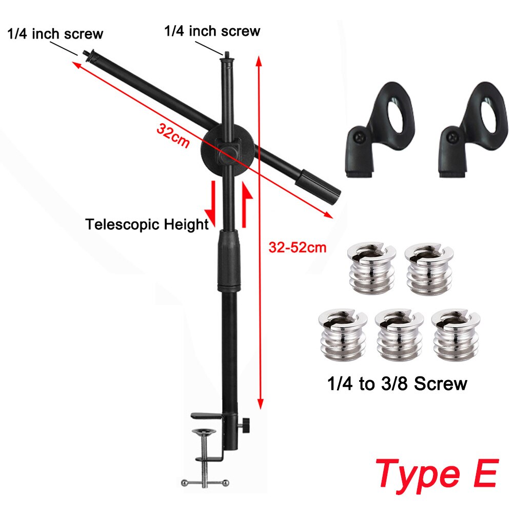 Microphone Stand Mic Stand Desk Microphone Bracket Phone Tripod Boom Arm Adjustable 3/8 1/4 Inch Screw Live Equipments: Type E