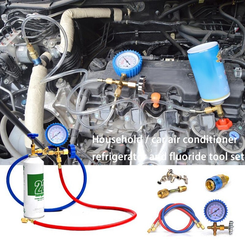 R22, Kit de herramientas de adición de fluoruro de aire acondicionado refrigerante, medidor de Gas fresco común de freón para aire acondicionado de coche