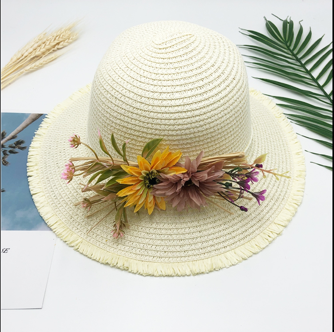 Visera ancha de paja plegable para mujer, sombrero de playa , informal, bohemio, con cordones y flores, protección solar, para verano: I