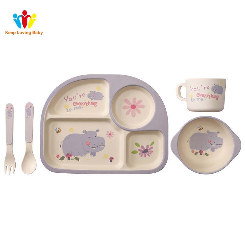 Cubertería de cuatro platos para niños de fibra de bambú, cubertería portátil con dibujos bonitos para bebé, tenedor, vajilla para bebé