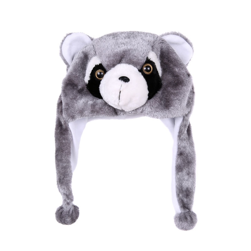 Cute Cartoon Plush Animal Racoon Beanie Hood Hat Winter Adult Womens Mens Children Kids Boys Girls Costume Warm Fluffy Cosplay