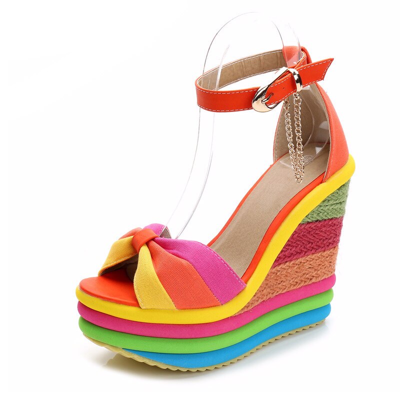 Ceyaneaossandals-sandales à plateforme, sandales d'été pour femmes, bloc de couleurs, talons hauts avec lanière à cheville, tressées, été sandales à talons compensés