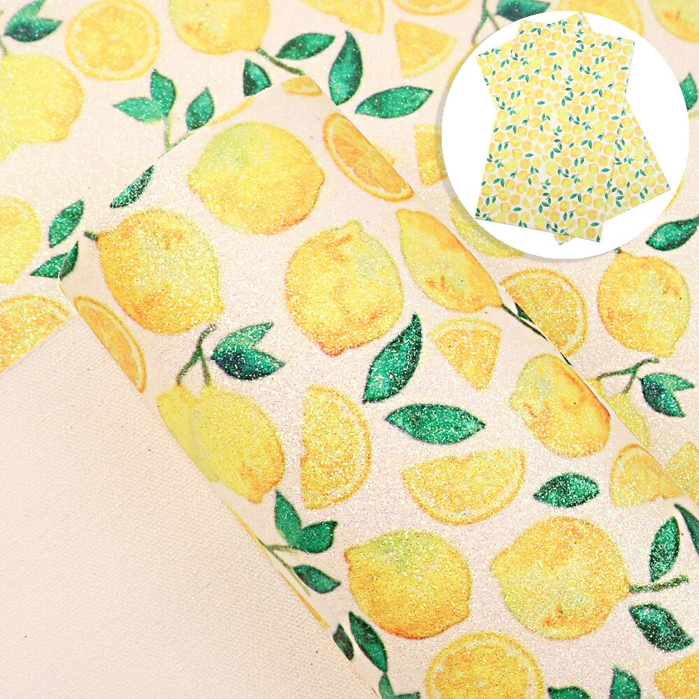 Tela de vinilo con estampado de limones finos y falsa purpurina Tela de cuero a rayas de 20*34cm para lazos, materiales DIY, funda de teléfono tipo billetera, 1Yc10638: 1095192011