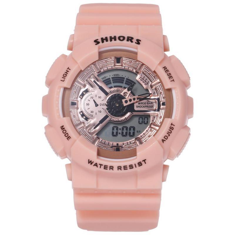 Shhors roze dameshorloges multifunctionele sporthorloges dames led-display analoog digitaal quartzhorloge reloj mujer: Roze -1