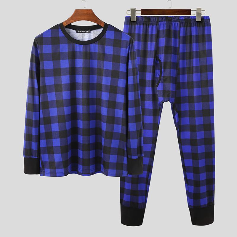 Men Plaid Pajamas Sets Homewear Long Sleeve O Neck Sleepwear Leisure Sleep Pants 2 Pieces Comfortable Men Nightwear Sets INCERUN: Royal / 4XL