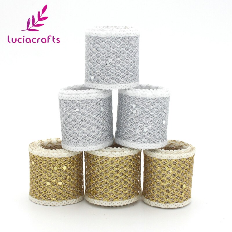 Lucia ambachten 40mm 4y/lot Zilver Goud Glitter Mesh Organza Lint Voor Verpakking Bruidstaart Decoratie DIY craft P0601