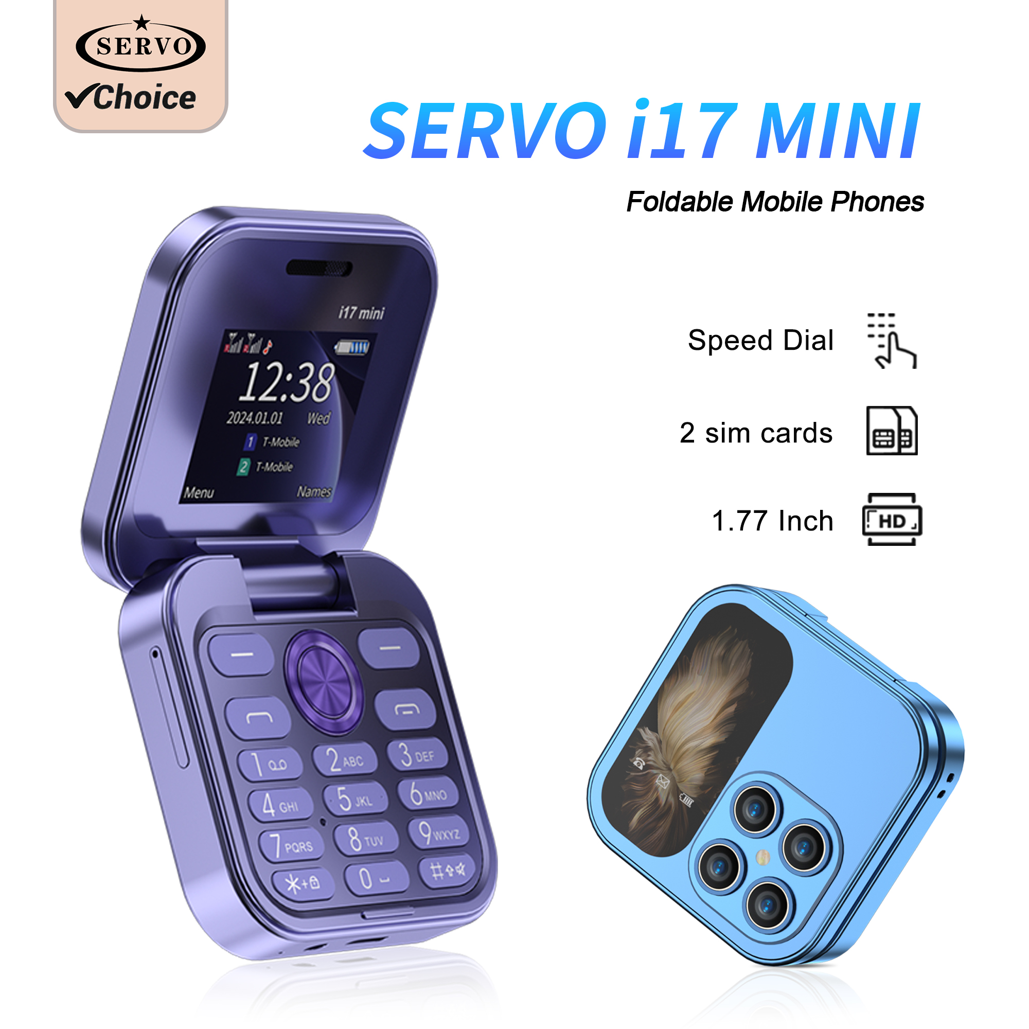 SERVO i17 Mini kippen praktisch 2G Netzwerk 1,77 Zoll Bildschirm Dual SIM Taschenlampe Geschwindigkeit wählen FM Radio Kleine faltbare Telefon