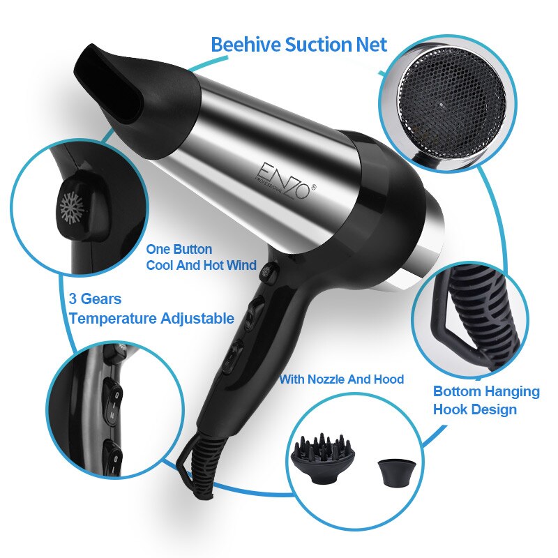 ENZO – diffuseur de sèche-cheveux 7500W, puissant, brosse, moteur AC tout en métal, vent fort, outils de Salon de coiffure, buse
