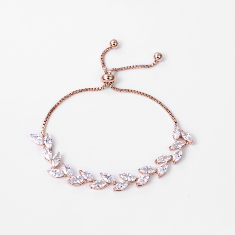 Rose Gold Color Plated Marquise Leaf Cubic Zirconia Adjustable Bracelets for Women or Bridal