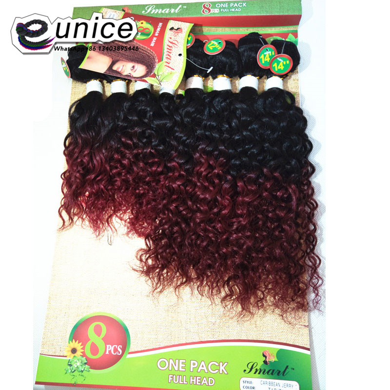 Eunice Ombre Hair Extensions Kinky Curly Weave Synthetic Hair Bundles 8pieces/lot 1 Pack 8-14"INCH: T1B/Burgundy