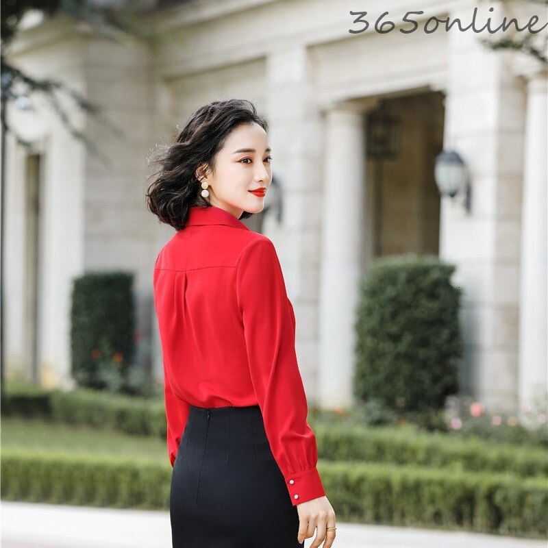 Red Uniform Styles Long Sleeve Blouses and Shirts for Women Business Work Wear Spring Autumn OL Blouse Clothes Tops