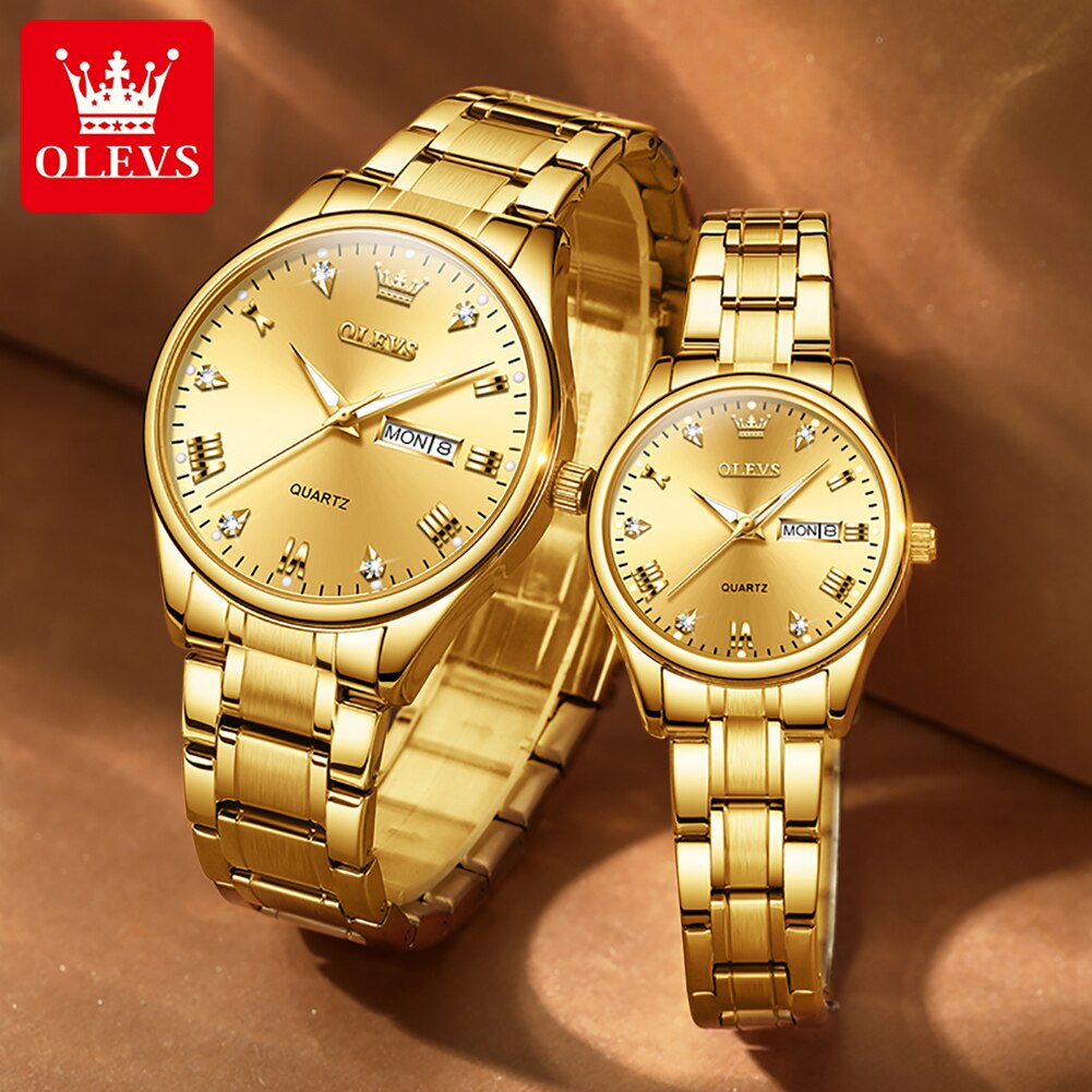 Olevs Waterdichte Gouden Diamanten Ingelegde Grote Horloge Voor Paar Quartz Roestvrij Stalen Band Paar Horloge