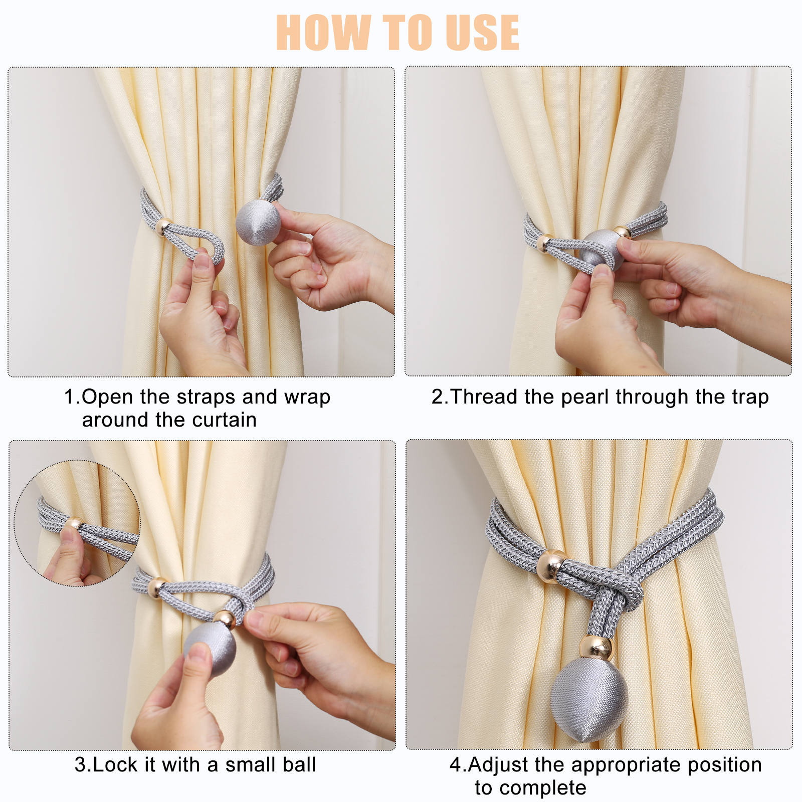 Paquete de 2 cortinas elásticas de poliéster modernas con encaje, ajustable, adecuadas para cortinas gruesas, accesorios de decoración de cortinas para el hogar y la oficina para sala de estar, dormitorio, puerta de terraza