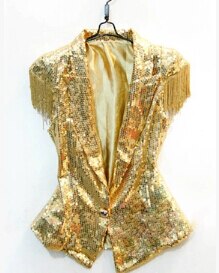 Weiblich männlich silber Gold pailletten weste jacke sänger leistung Ds blei tänzerin kleidung quaste Jazz tänzerin kostüm oben: Gold / M