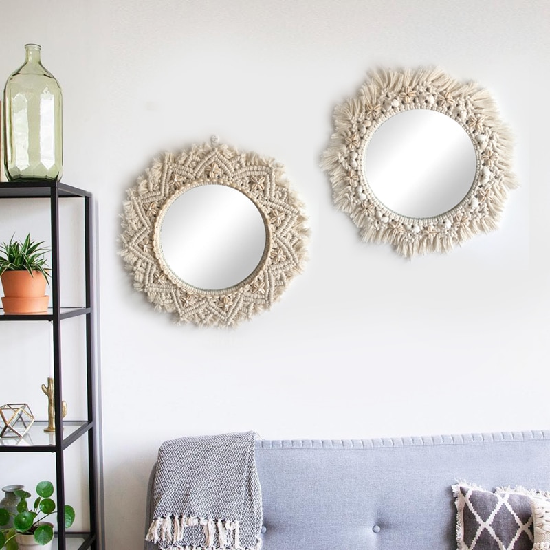 Macramé, espejos colgantes de pared Ins, espejos nórdicos hechos a mano, tapiz de pared, porche de casa, espejos para el hogar, maquillaje, cuarto de baño