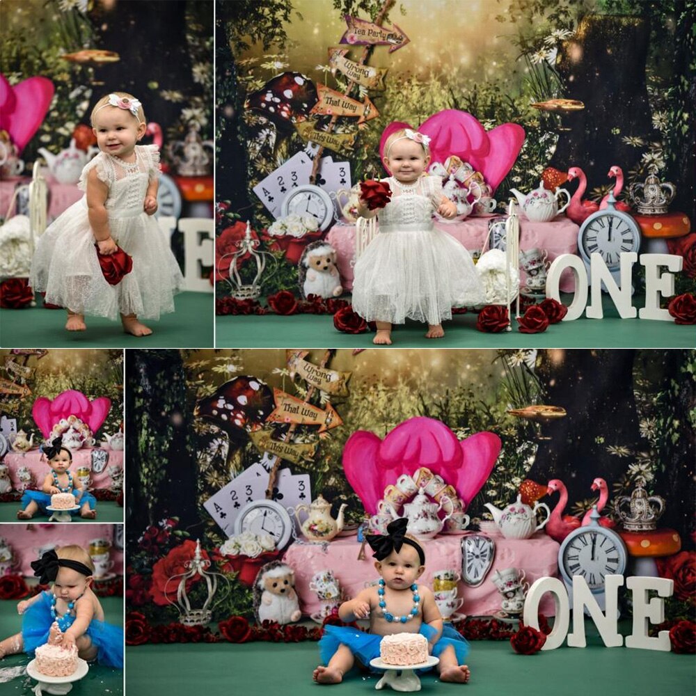 Sprookje Prinses Een Verjaardagstaart Smash Achtergrond Alice Wonderland Thee Party Achtergrond Fotografie Dromerige Bos Photocall