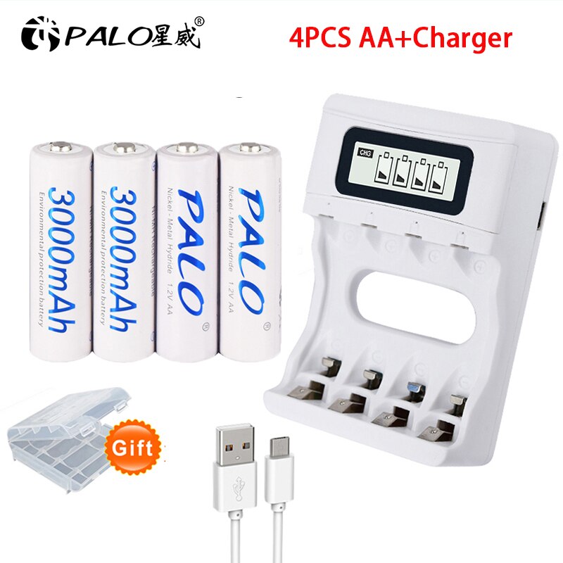 PALO 1.2V AA rechargeable batteries 3000mAh aa Ni-MH 100% original high capacity current AA battery rechargeble for camera ,toys: 4pcs and charger