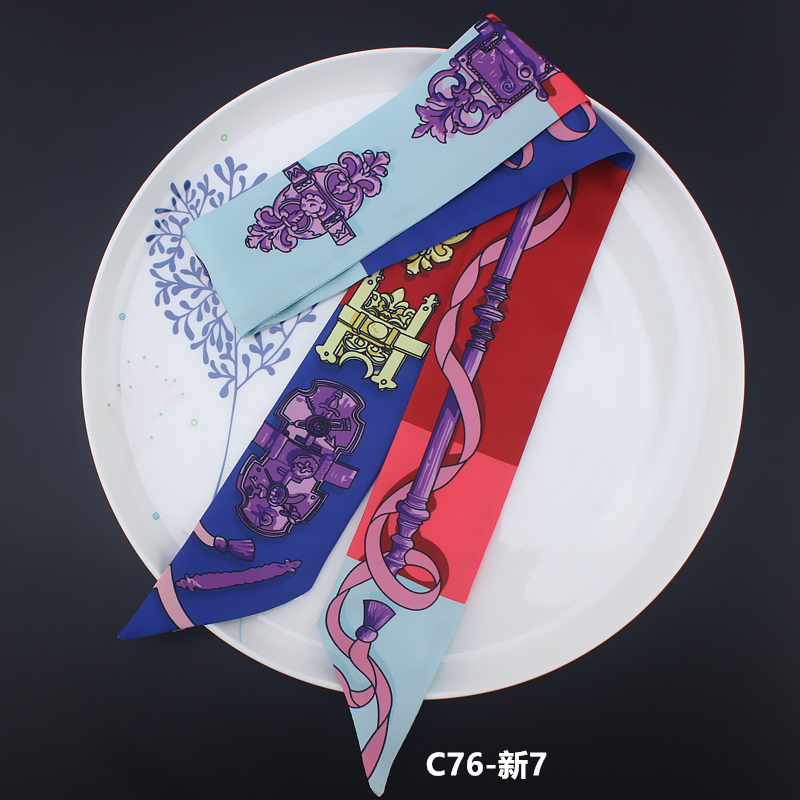 Silketørklæde til kvinder blå patchwork reb stok trykt skinny taske tørklæde mærke foulard kvinder slips hoved tørklæder damer: C76-7