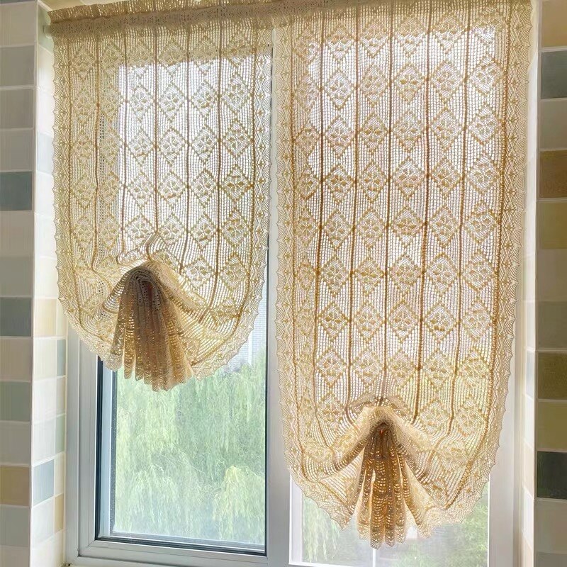Rideau ballon crocheté en fil de coton beige fait main de style américain, rideau décoratif pour chambre à coucher/salon