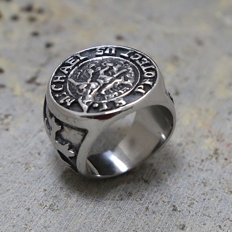 Personality Cross St. Michael Signet Ring Men Boys Stainless Steel Good Lucky Talisman Religious Biker Ring Jewelry