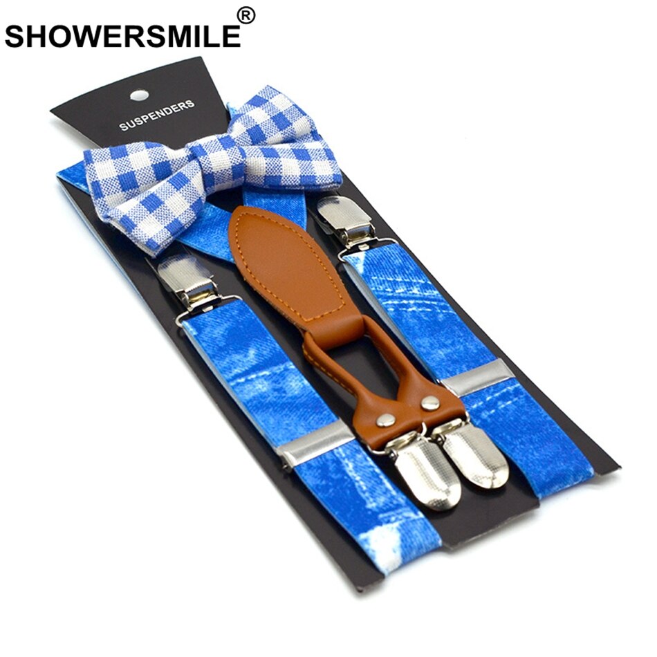 Showersmile drenge seler print denim blå seler og butterfly sæt børnelæder 4 klips elastisk justerbar børnebukserem