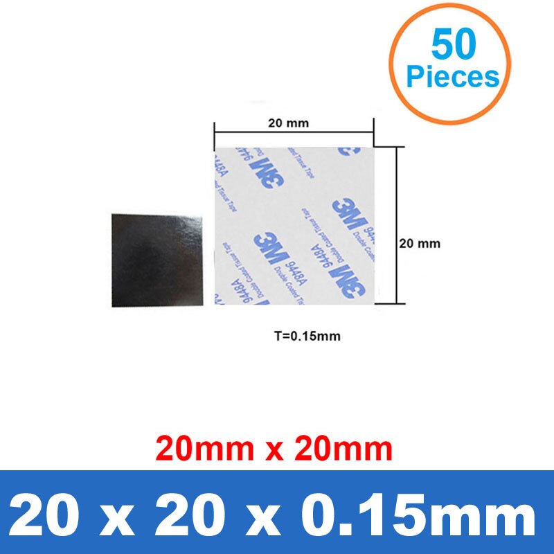 50 kpl lämpöliimanauha liimakalvo jäähdyttimille alumiininen jäähdytyselementti, lämpöä johtava liima 8.8mm 14mm 20mm 25mm: 20 x 20mm