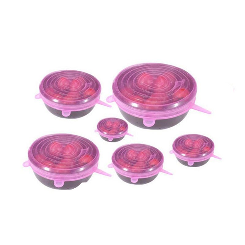 Siliconen rekbare voedseldeksels keukenaccessoires universele siliconen kom pot deksel siliconen deksel pan koken voedsel vers: 6cs roze