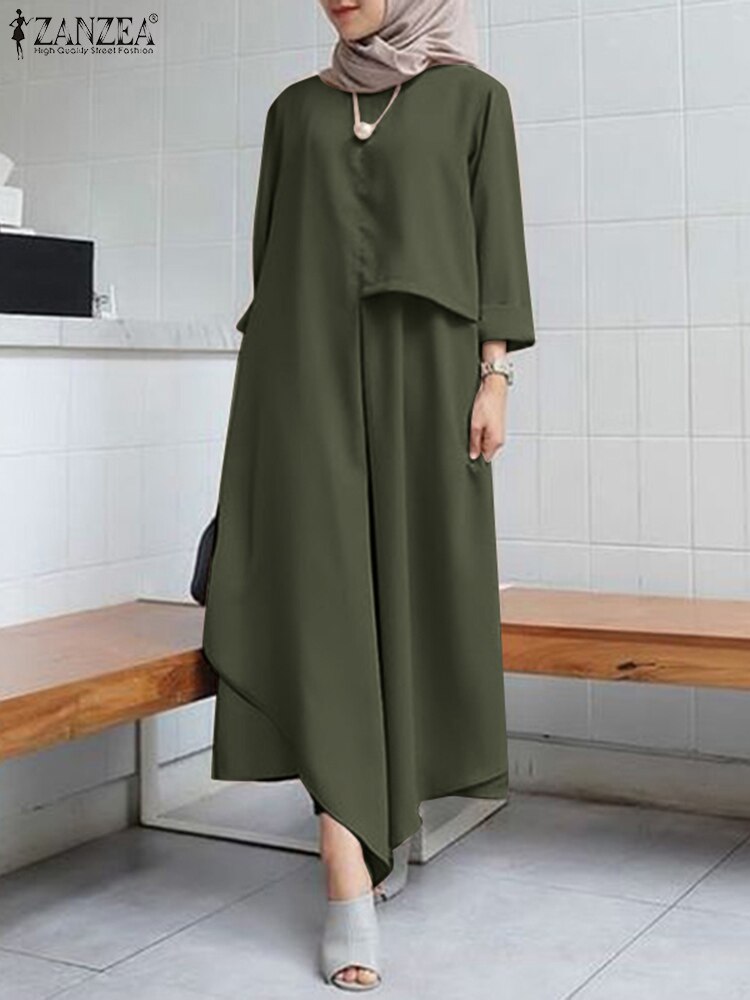 Solid Matching Sets 2022 ZANZEA Muslim 2PCS Sets Women Irregular Hem Blouse Long Pant Sets Party Loose Turkey Islamic Clothing: Army Green / XL