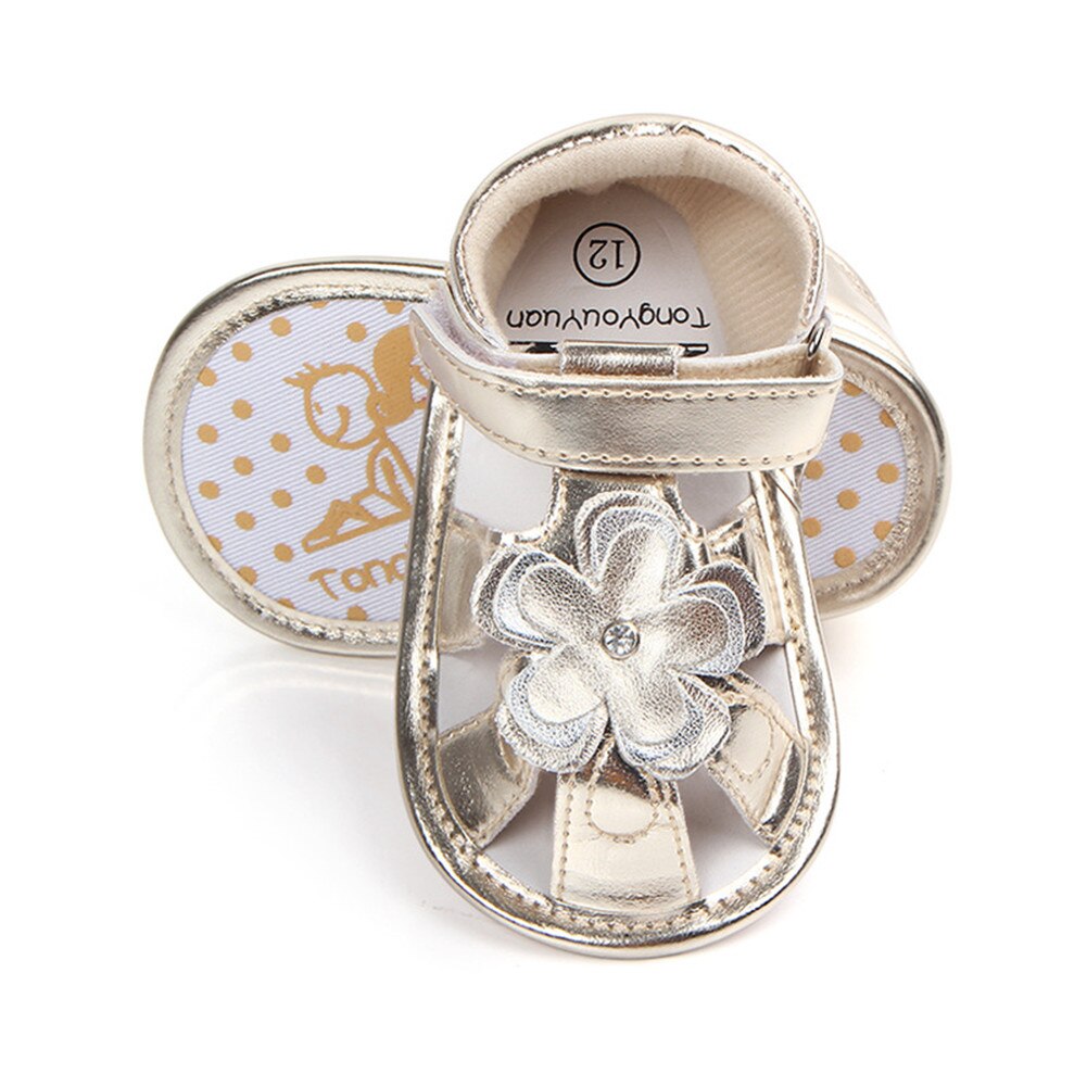 Summer 0-18M Baby Girls Floral Sandal Anti-Slip Leather Crib Shoes Prewalker Cute Casual Soft Shoes: Gold / 0-6 Months
