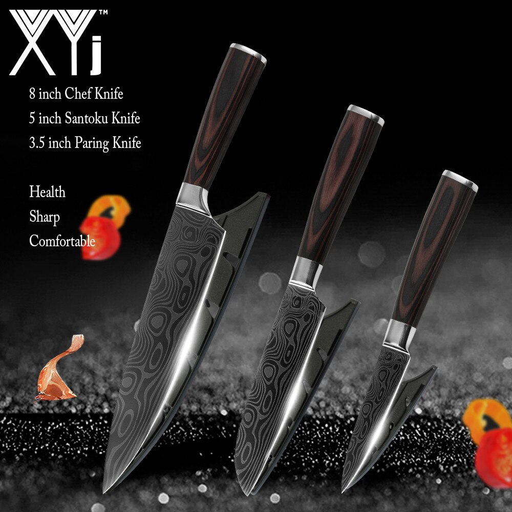 Japanse Keuken Mes Set Mes Covers Uitbenen Brood Eviscerate Gesneden Fruit Scherpe Nut Santoku Damascus Patroon Koken: 3 Pcs Value set 02