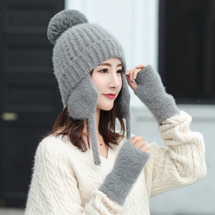 Winter Vrouwen Wol Gebreide Bomber Hoed Effen Harige Ballen Zoete Dikke Plus Fluwelen Oorklep Caps Outdoors Warm Russische Ushaka Elastische: Grey / Hat and Gloves