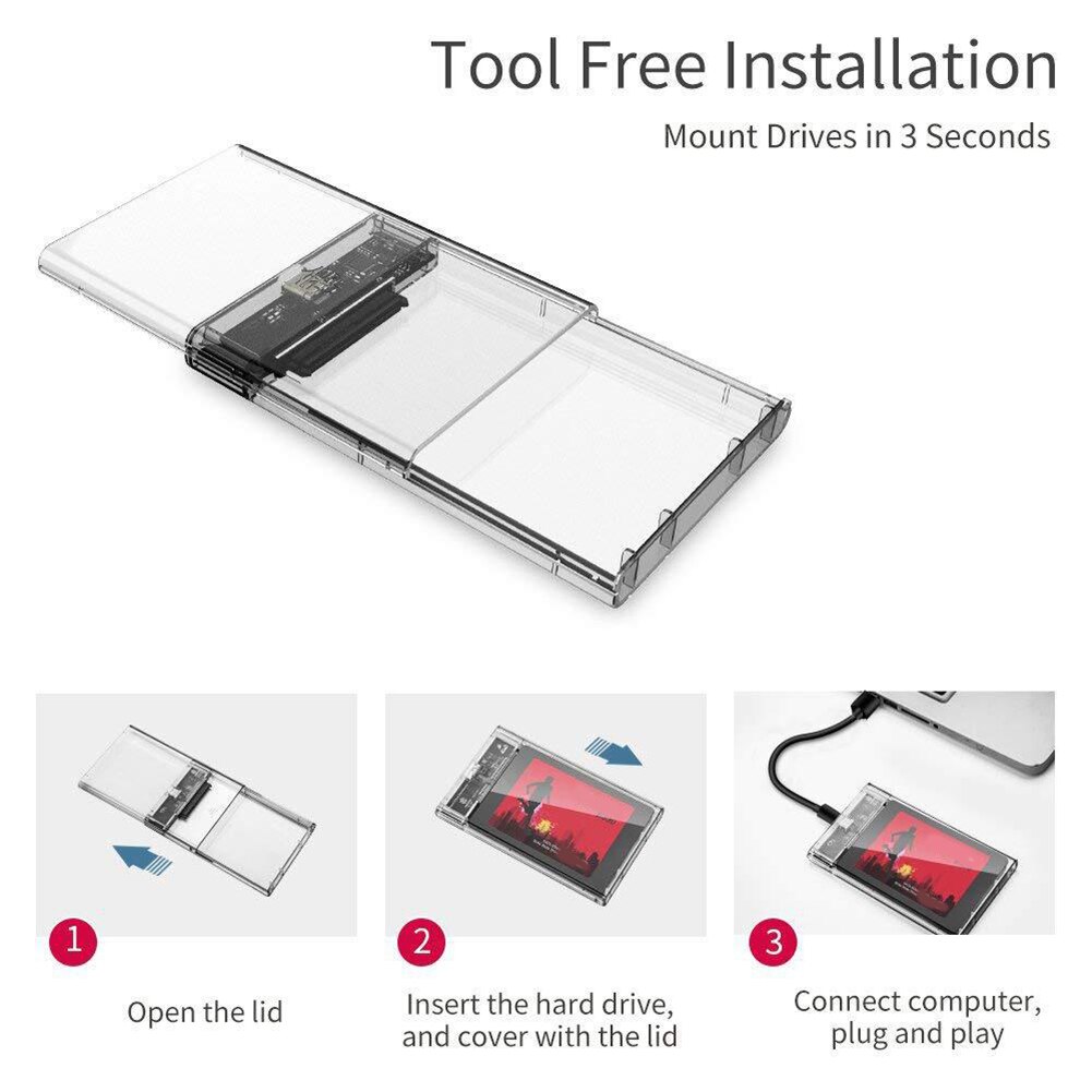 Boîtier de disque dur réversible 2.5 pouces Transparent SATA vers USB 3.1 support pour disque dur sans outil 5Gbps Type C SSD boîtier de disque dur 10Gbps