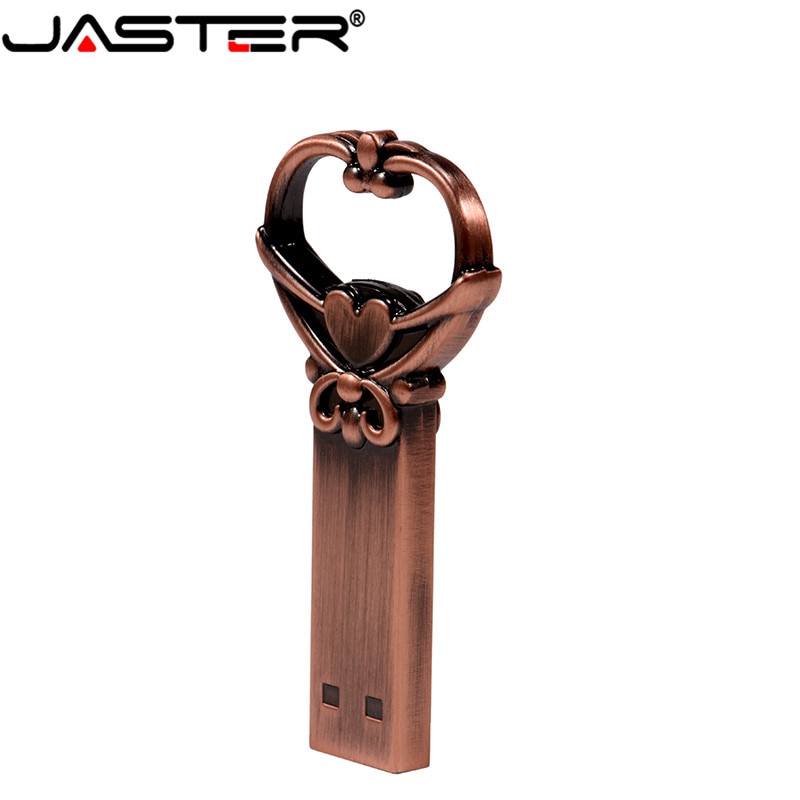 JASTER copper love heart shaped key flash drive USB 2.0 pen drive 4gb 8gb 16gb 32gb 64GB metal keys memory Stick wedding