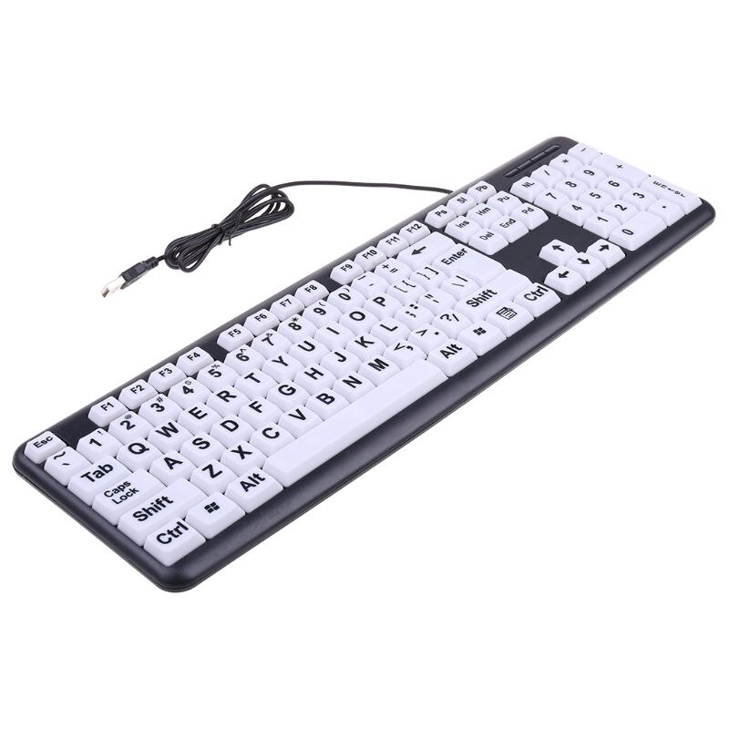 USB Wired PC Computer Game Gaming Keyboard High Contrast Large Print White Keys Black Letter for Old People Elderly Men