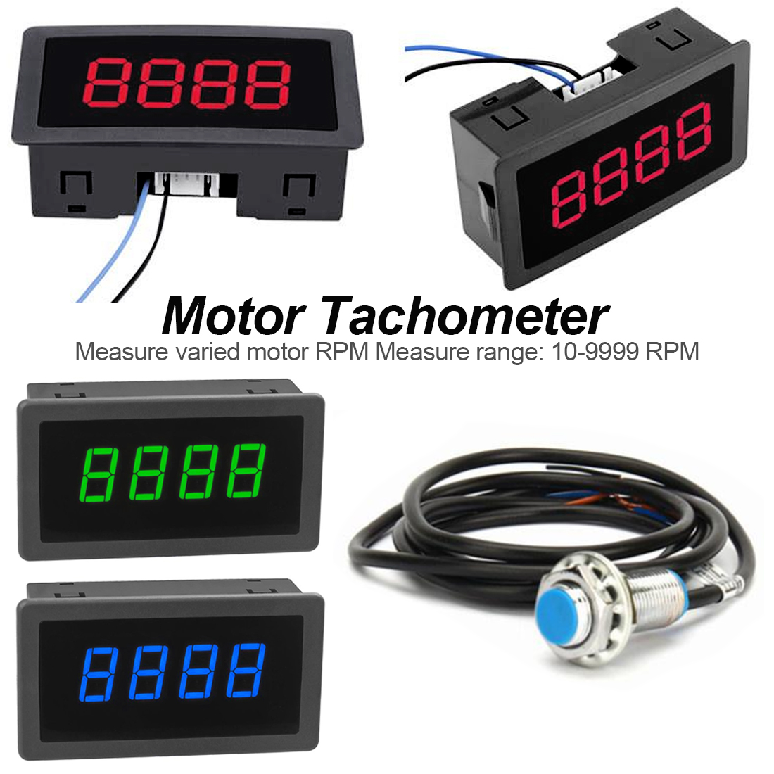 LED 4 Digital Blue Green Red Measuring Gauges Tachometer RPM Speed Meter + DC 8-15V 10-9999RPM Hall Proximity Switch Sensor NPN