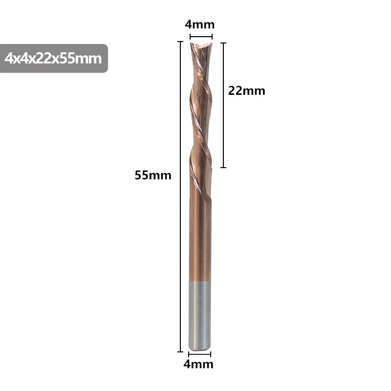 Left Hand Down Cutter 2 Flute Milling Cutter TiCN Coating CNC Router Bit 4/5mm Shank For Aluminum Cutting Tool Spiral End Mill: 4x22x55L