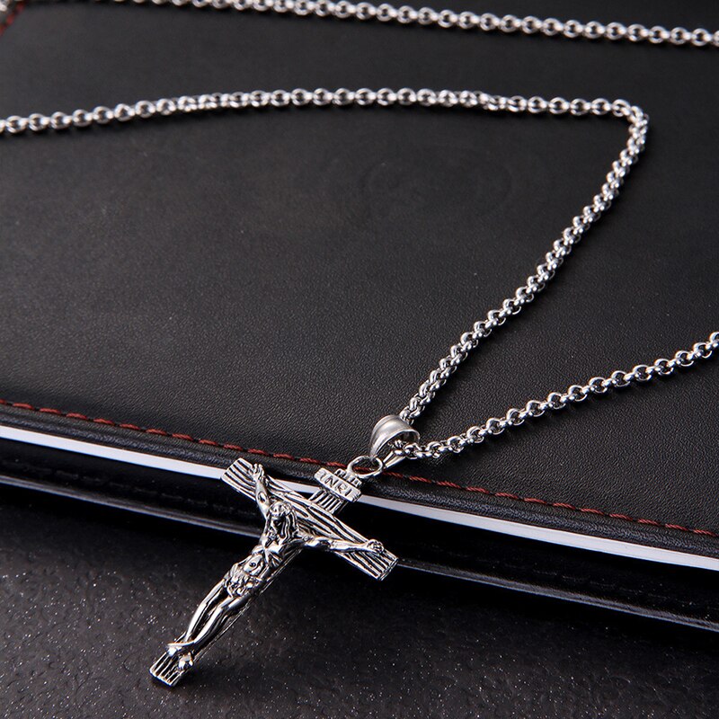 Men Chain Christian Jewelry Vintage Cross INRI Crucifix Jesus Piece Pendant & Necklace Gold Color Stainless Steel