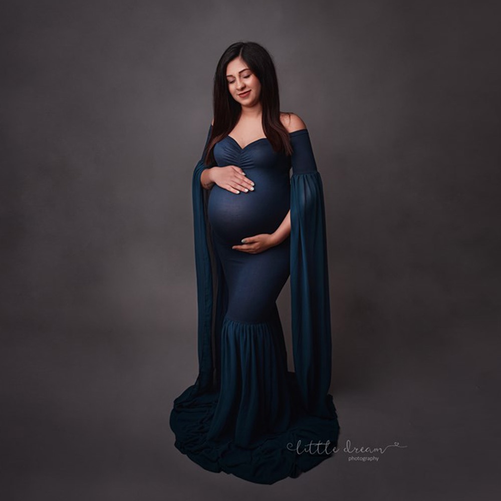 D&J Maternity Dress for Photo Shoot Maxi Maternity Gown Extend Long Sleeves Fancy Women Maternity Photography Props