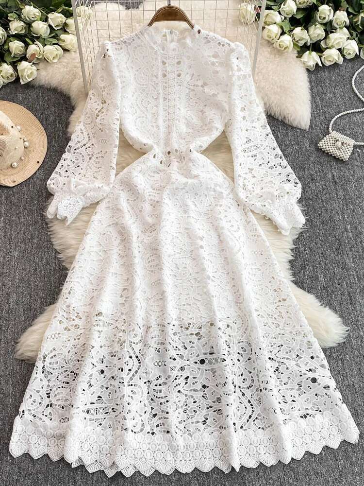 Forårskjole med udhulet blomsterbroderi, hvid blonde, festkjole til kvinder, langærmede midikjoler til aftenbryllup, vestidos