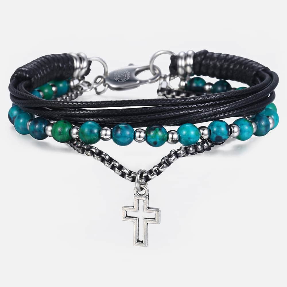 Trendsmax läderarmband för män pärlkedja rostfritt stål grönt kors charm box länk kedja herr smycken kdlb 72