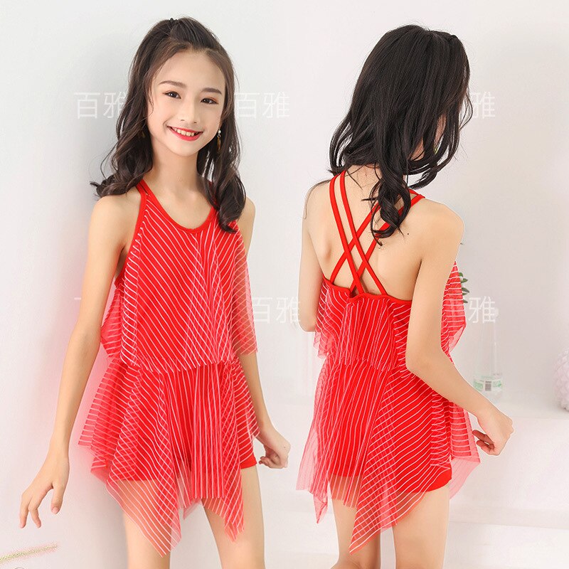 children's swimwear 65-90 kg big children's one-piece striped skirt beach swimwear Suitable for cute girls swimming