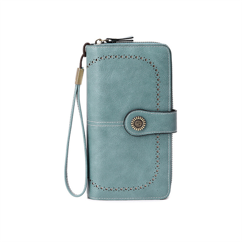 Vintage Ladies Long Leather Wallet Retro Natural Skin Zipper Coin Bag Card Holder Large Capacity Wallet For Girl: GRAY