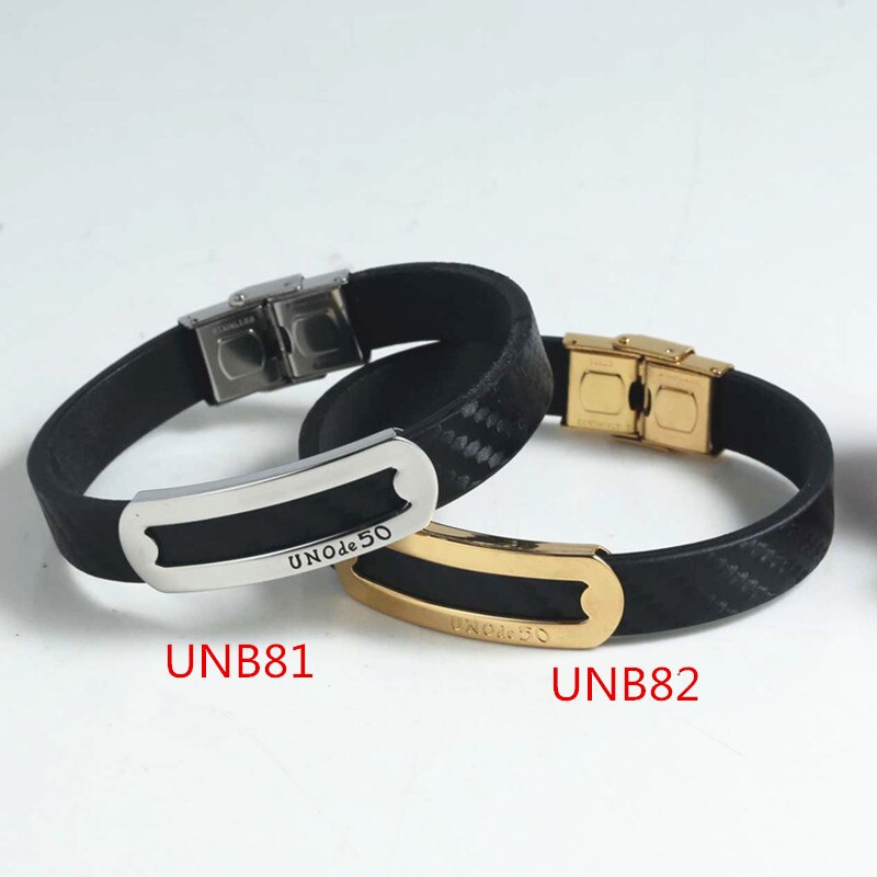 Vrouwen Mannen Zilveren Kleur Goud Rvs Weave Vierkante Uno De 50 Lock Key Zwart Lederen Armband sieraden