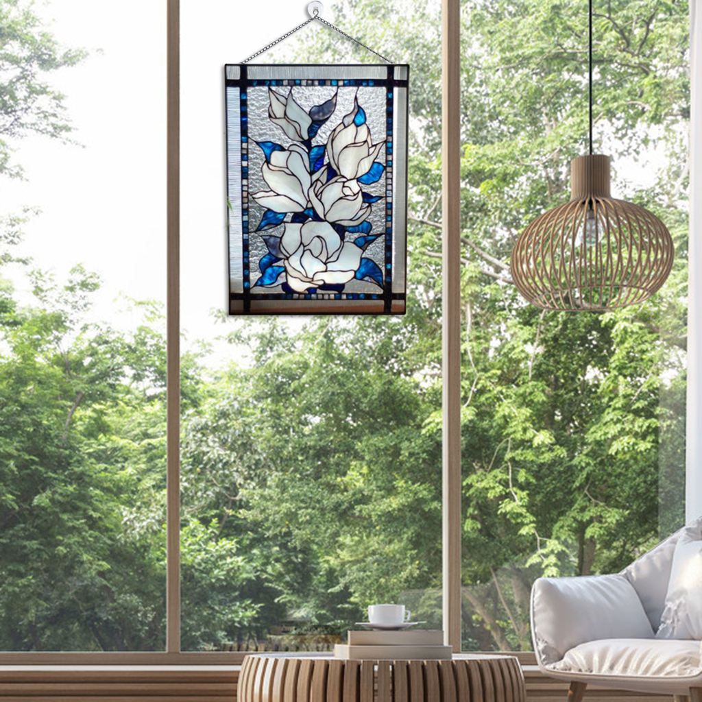 Stained Glass Window ings, Stained Glass Window Panel, Gorgeous Flowers with Chain - Art Style