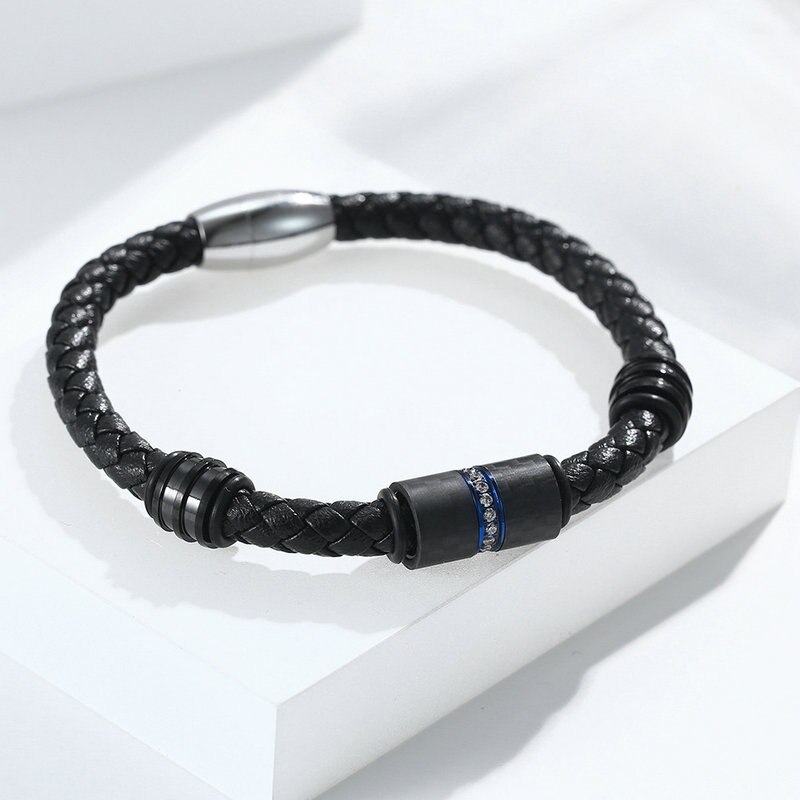 Mens Lederen Armband Carbon Fibre Diamond Bangle Rvs Sieraden