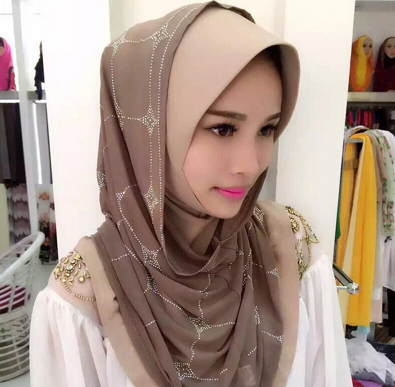 Muslim Scarf Middle East Austria drill Sets of head Female summer Scarf Hui Ethnic style Hijab #8139R0: Khaki