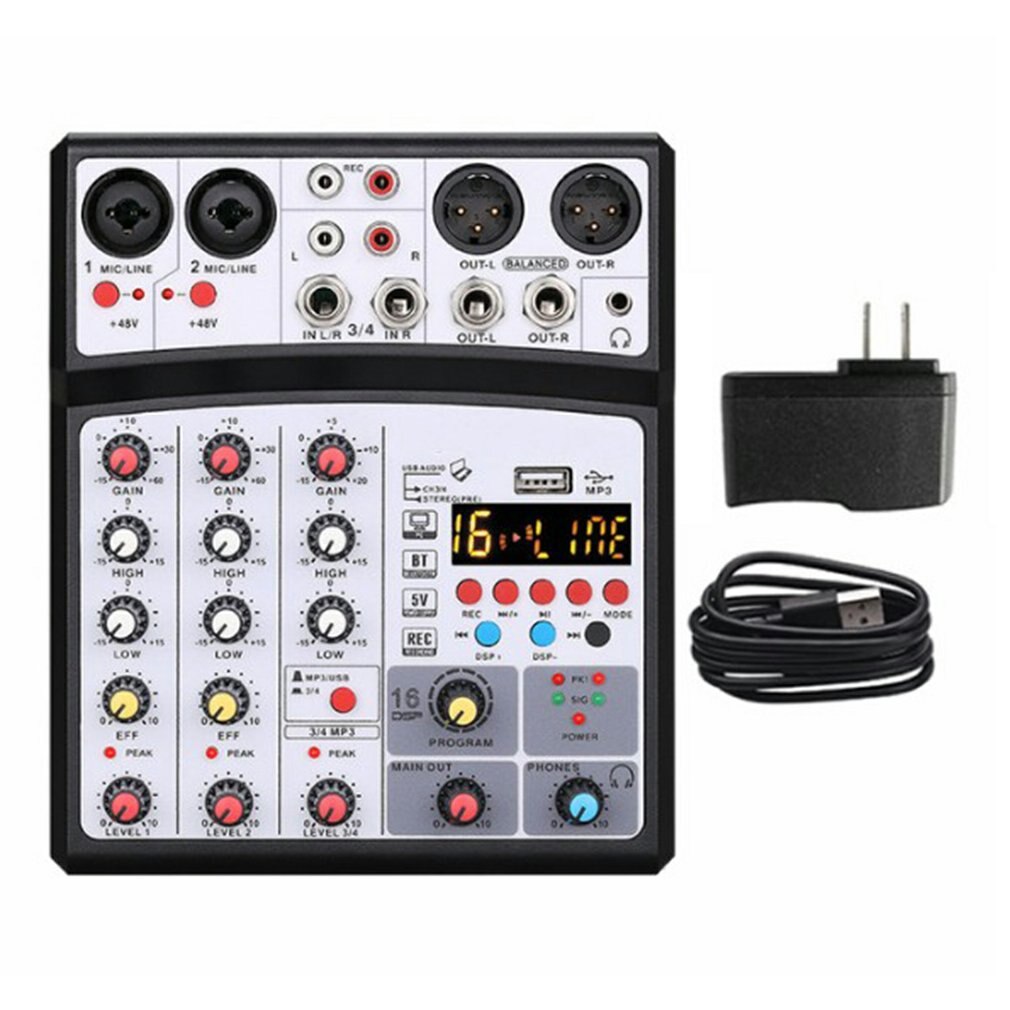 Protable Mini Mixer Audio DJ Console 4-channel with Sound Card, USB, 48V Phantom Power for PC Recording Singing Webcast Party: White US plug